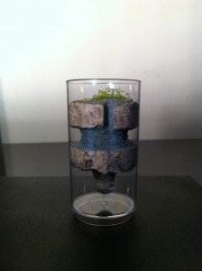 Une vue sur les galeries teintées en bleu grisé taillées &quot;vulgairement&quot; exprès afin de donner un côté plus naturel à la réalisation. On constate que la mèche du système d'humidification est différemment conçue par rapport aux précédentes, sa forme en cône optimise la capillarisation et la réserve d'eau ne se vide pas d'un coup en asséchant le nid brutalement mais progressivement., Les conceptions de M.Ants