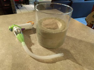 nid vase en construction avec pistolet de chasse, Nid creusable dans un vase en verre (premier essai)