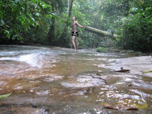 Votre serviteur, dans une vaine tentative d’intimidation d'une bande de singes hurleurs qui lui cassaient des oreilles., En Guyane, j'étais allé