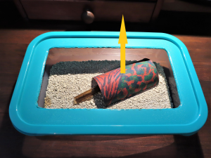 Sens pour soulever le hangar protecteur <br />du tube avec les doigts (flèche jaune)..., Un tube dans une boîte en plastique